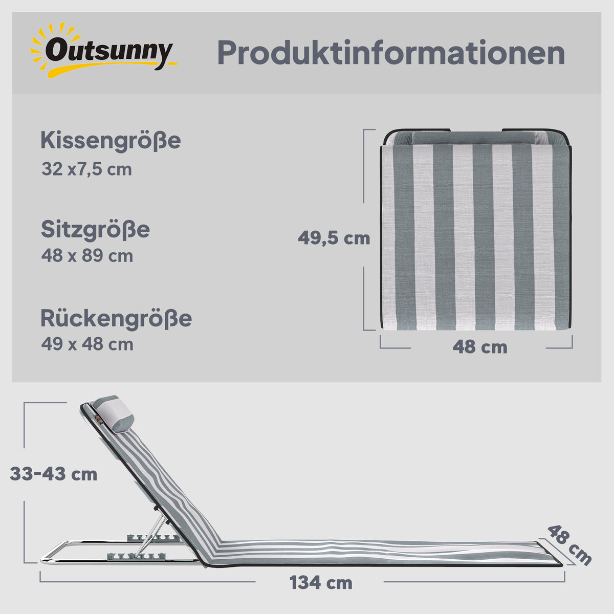 Sonnenliege klappbar Gartenliege mit Kopfkissen Liegestuhl mit 5-Fach verstellbare R¨¹ckenlehne Tragetasche Hellgrau