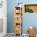 Badezimmerschrank, 3 Regale, 2 Schubladen, Bambus, 30?cm x 30 cm x 140 cm, Natur