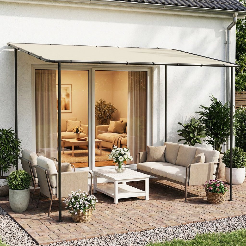 3 x 2 m Lean to Garden Pergola, Metal Frame Gazebo Pergola with UPF30+ Protection, Sloped Roof, Drainage Holes, Cream