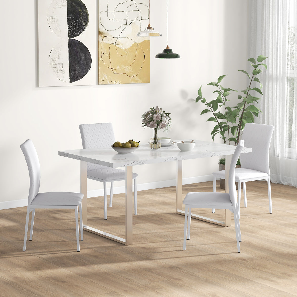 Esszimmerstühle im 4er-Set, Küchenstuhl mit Rückenlehne, Kunstleder, Wohnzimmerstuhl mit Fußpolster, Stühle, Polsterstuhl mit Metallbeinen für Esstisch, Weiß