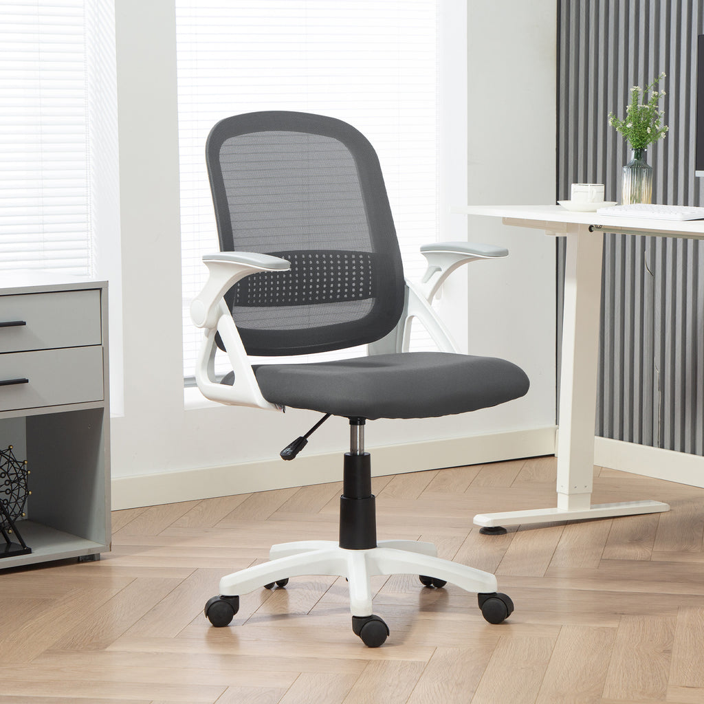 Atmungsaktiver Mesh-Bürostuhl, Ergonomischer Drehstuhl mit klappbaren Armlehnen und Lendenwirbelstütze, Grau