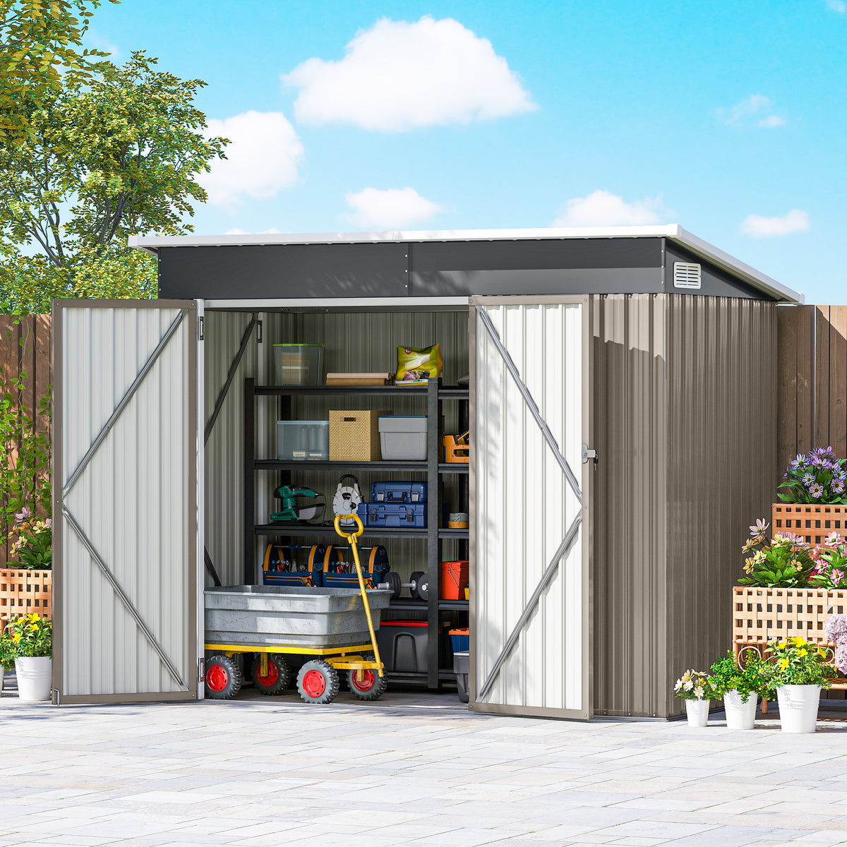 7.5 x 4.3ft Metal Garden Storage Shed, Waterproof Outdoor Shed with Triple Lockable Door, Gloves, Vents, Light Grey