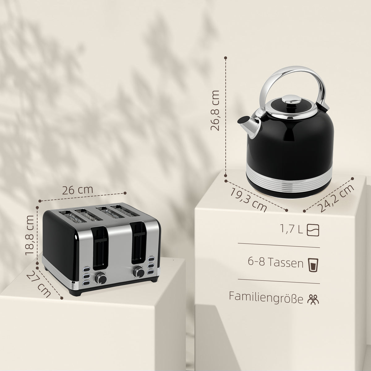 Wasserkocher- und Toaster-Set, 7 Br?unungsstufen, 1,7 L, Kunststoff, Edelstahl, Schwarz