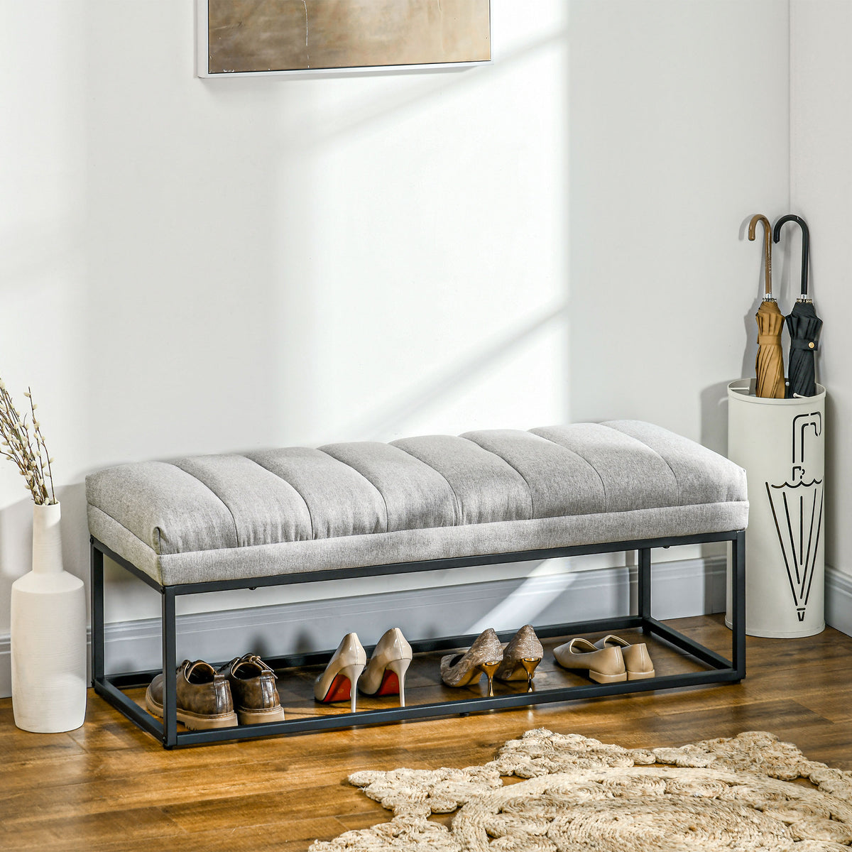 Sitzbank im Industrie-Design, Bettbank, Metallbeine, Rosa + Schwarz
