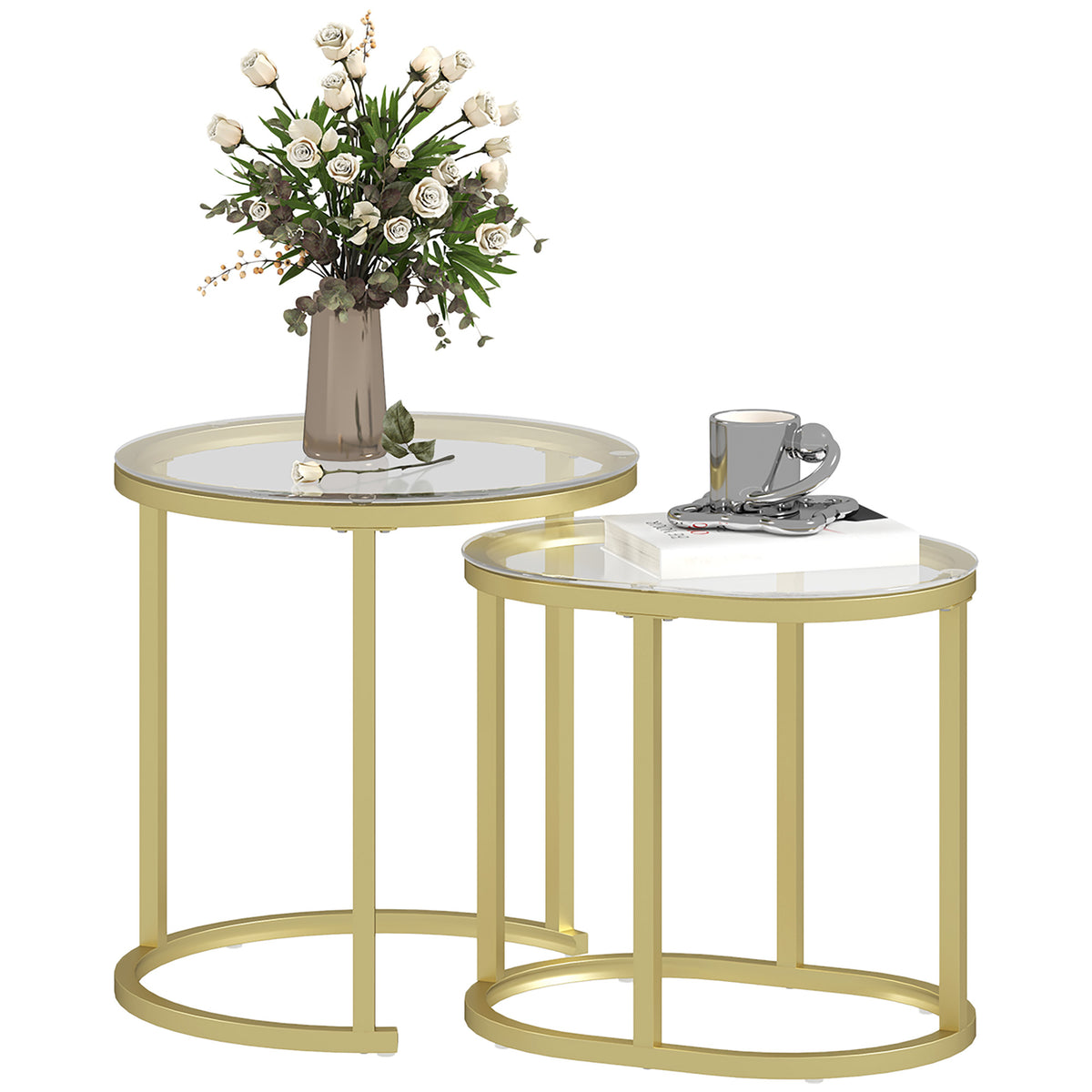 Nest of Tables with Steel Frame and Tempered Glass Tabletop, Modern Coffee Table Set of 2, Clear