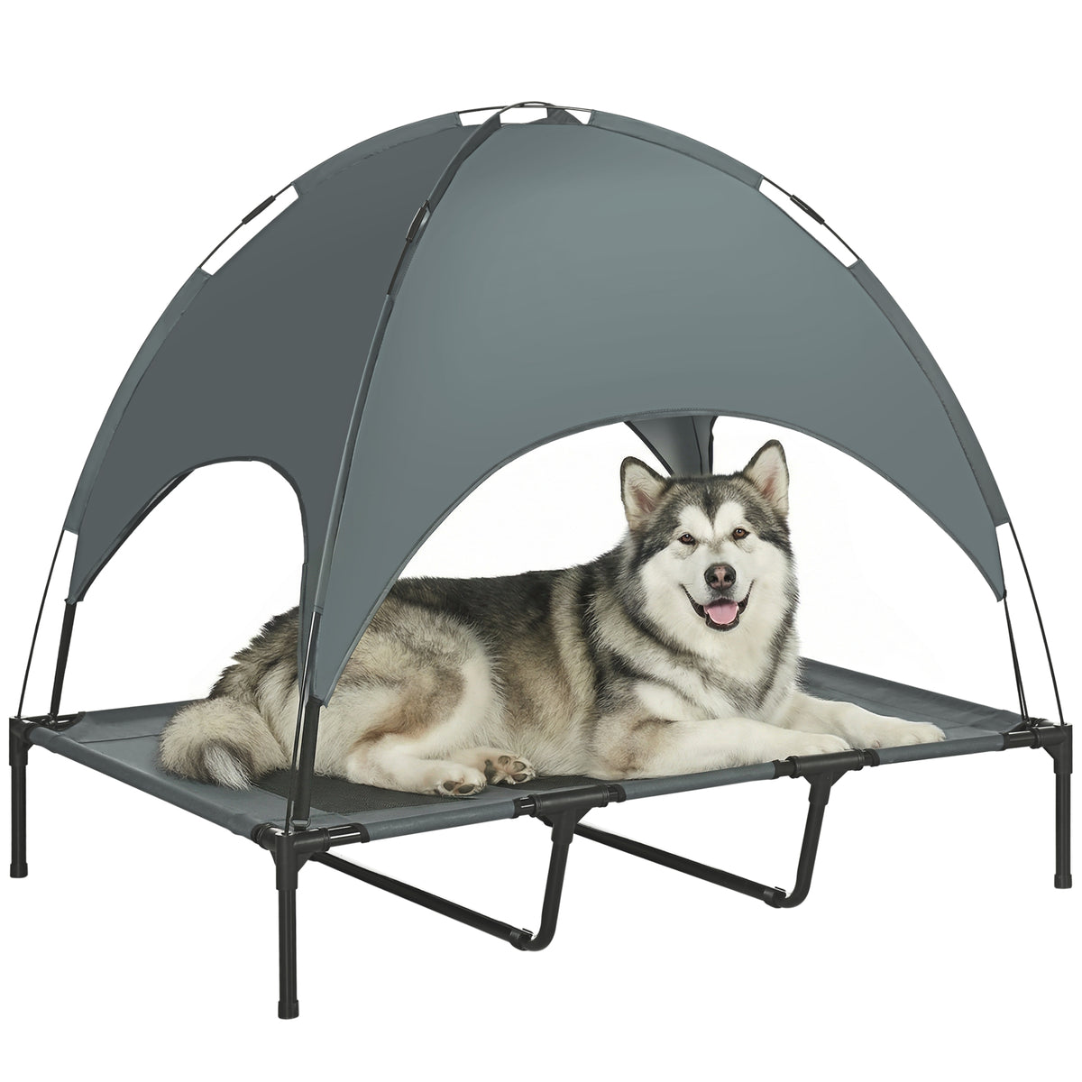 Erhöhtes Hundebett mit Baldachin, Haustierbett, Hundeliege outdoor mit Dach, Atmungsaktiv, Taftstoff für Camping Grau 122 x 92 x 108 cm