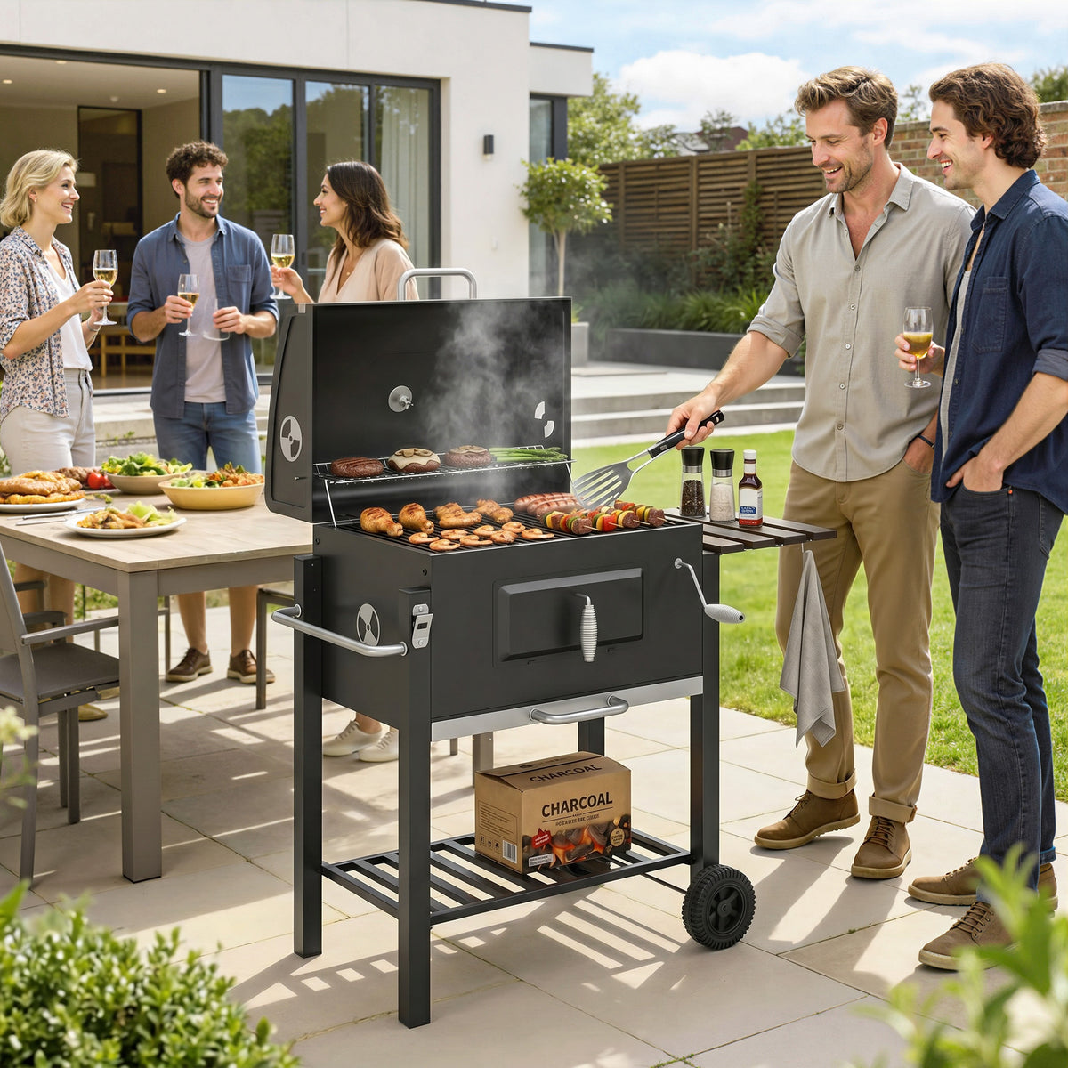 Charcoal Grill, with Height-Adjustable Coal Pan - Black