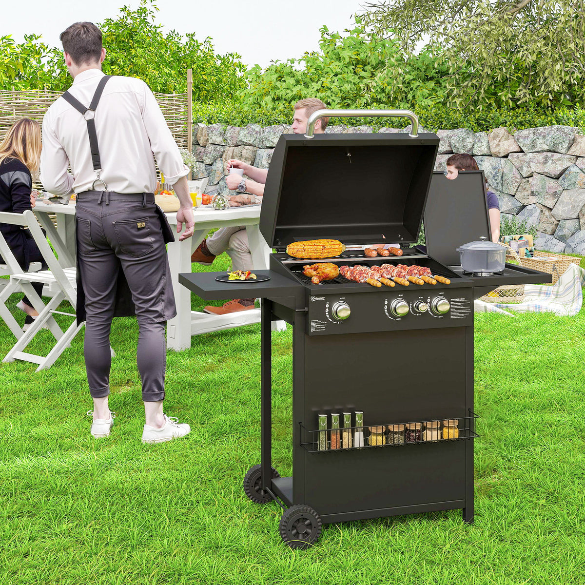 Gasgrill 9,5 KW Grillwagen inkl 4 Brenner Seitenkocher Rolle 123 x 57 x 98 cm Schwarz