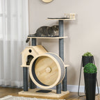 Katzenbaum mit Laufrad 4-Stock Kratzbaum Katzenhaus mit Sisalsäulen Katzenhöhle Kiefernholz Natur 80 x 50 x 143 cm