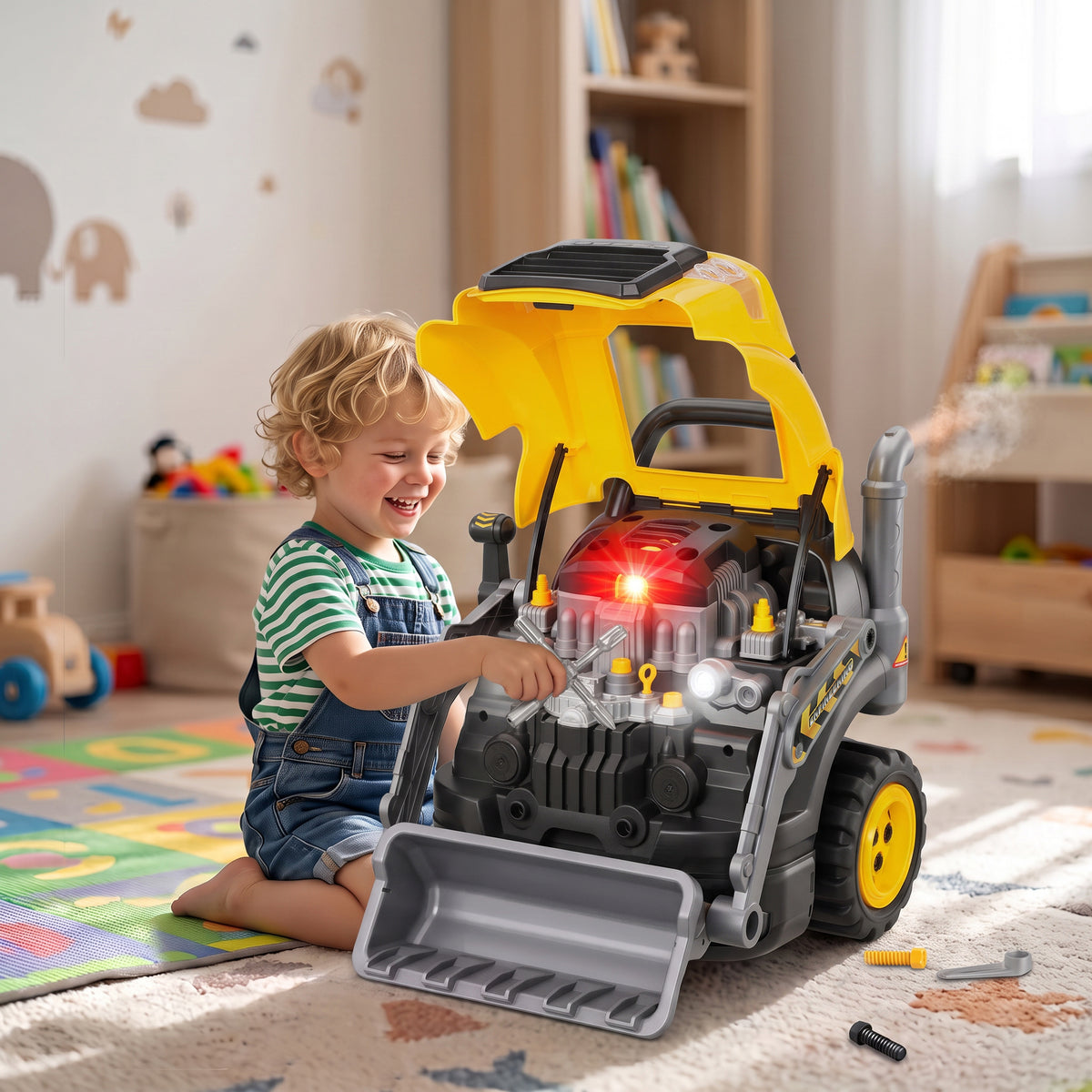 Kids Truck Engine Toy, Excavator Toy Steering Wheel with Spray, Lights and Sounds for 3-6 Years Boys Girls, Yellow