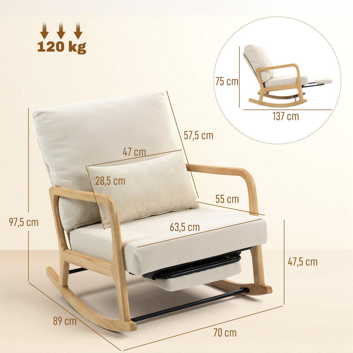 Schaukelstuhl Schaukelsessel mit Fußstütze verstellbar Rückenlehne Lendenkissen für Wohnzimmer, Schlafzimmer, Creme