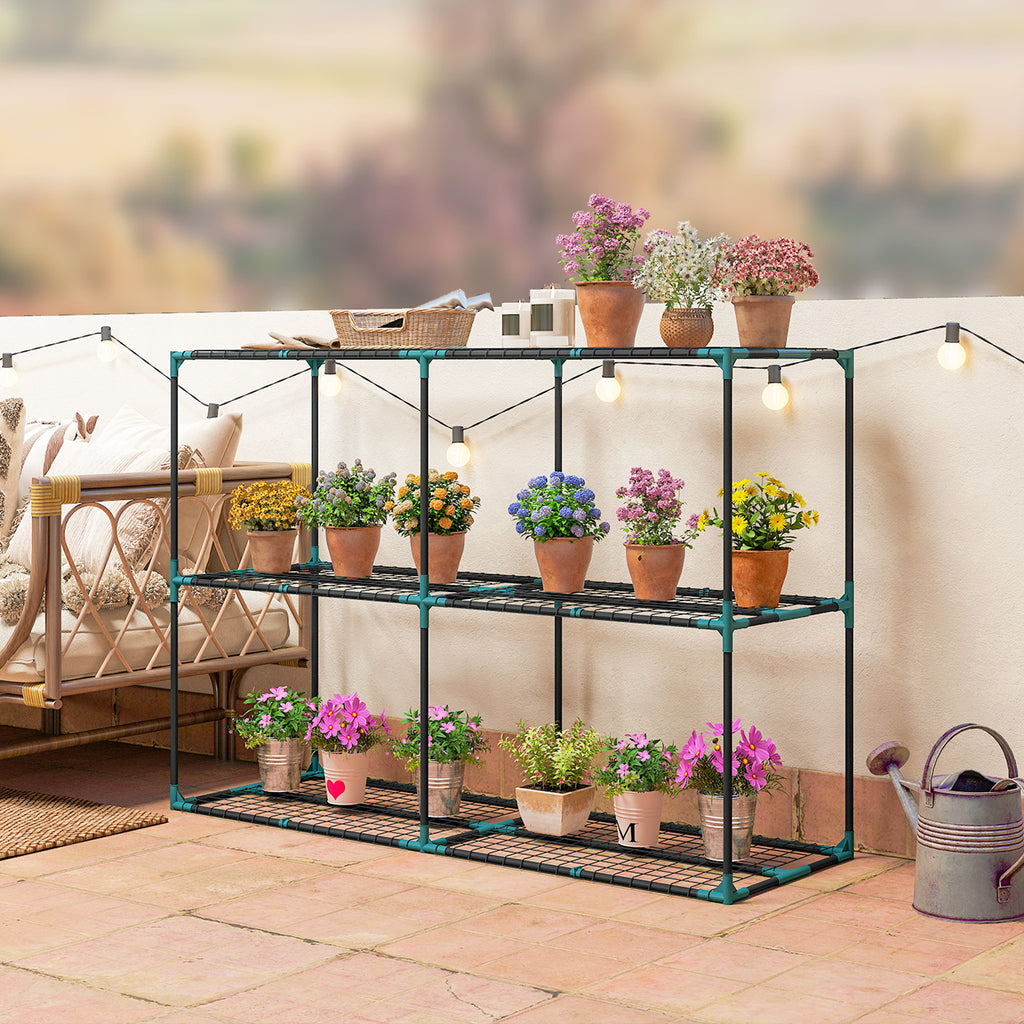 3-Etagen Pflanzenst?nder, 100 cm hoch Blumenst?nder mit Regalb?den, mehrst?ckig Stahl Dunkelgr¨¹n