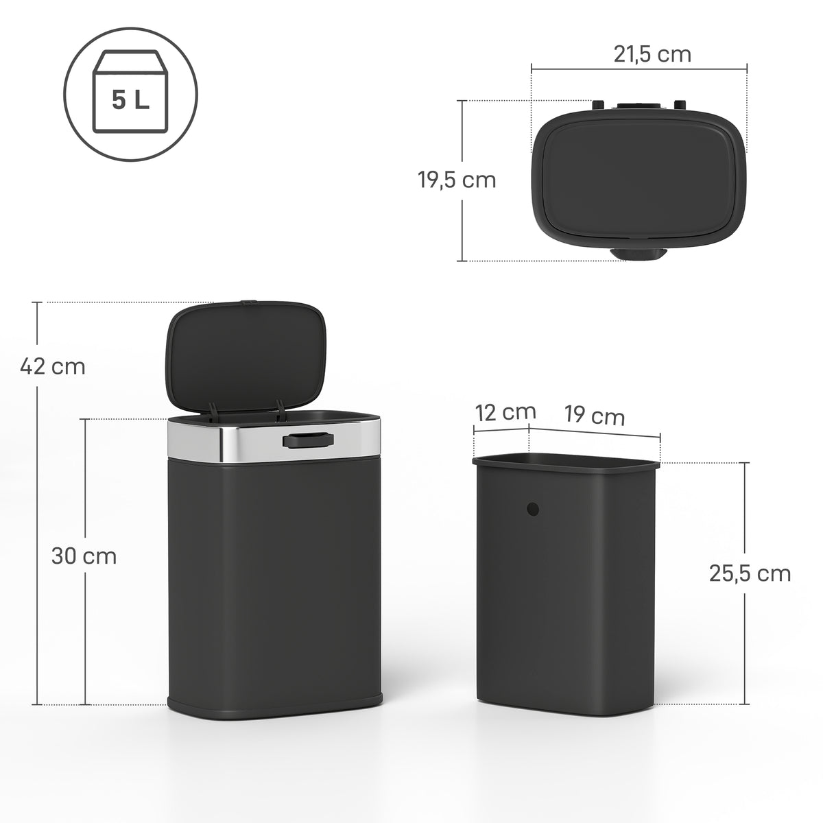 M¨¹lleimer, Edelstahl K¨¹chenm¨¹lleimer mit offen bleibendem Deckel, herausnehmbarer Inneneimer, 21,5x19,5x30 cm, Schwarz