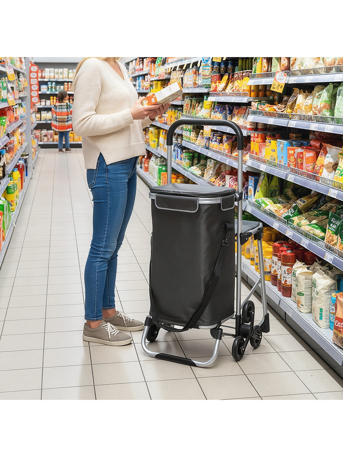 3-in-1 Einkaufstrolley Klappbar mit Sitz 40L Kapazität Duneklgrau