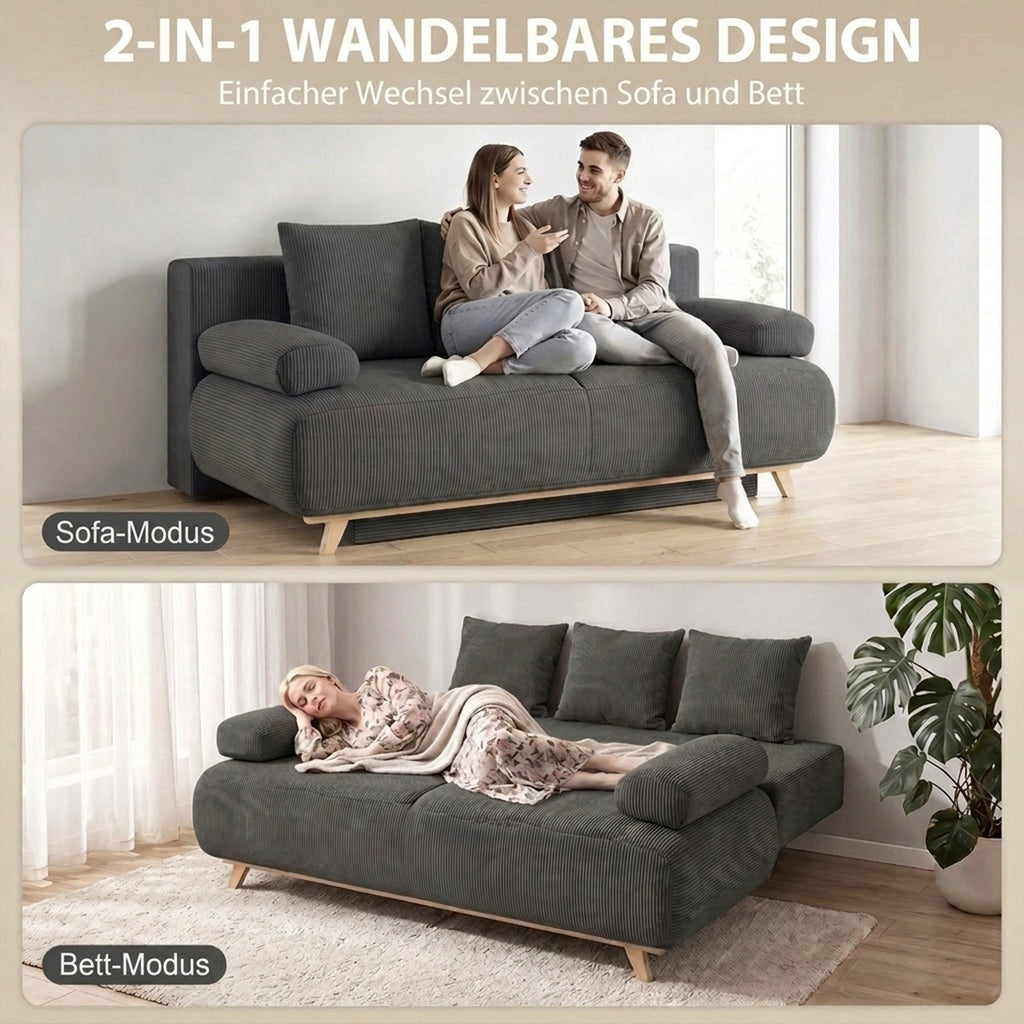 Schlafsofa mit verstellbarer Rückenlehne, Bettfunktion, verstecktem Stauraum und Cordbezug, Grau
