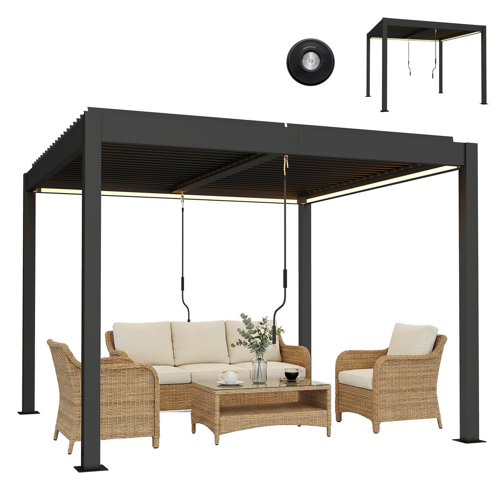 Pergola 3x3 m Aluminium Terrassenüberdachung mit LED-Beleuchtung Fernbedienung verstellbar Lamellendach
