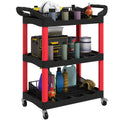 3-Tier Rolling Tool Cart, Tool Trolley on Wheels, Plastic Mobile Service Utility Cart with Handles for Garage, Mechanics and Warehouse, 91kg Capacity, Black and Red
