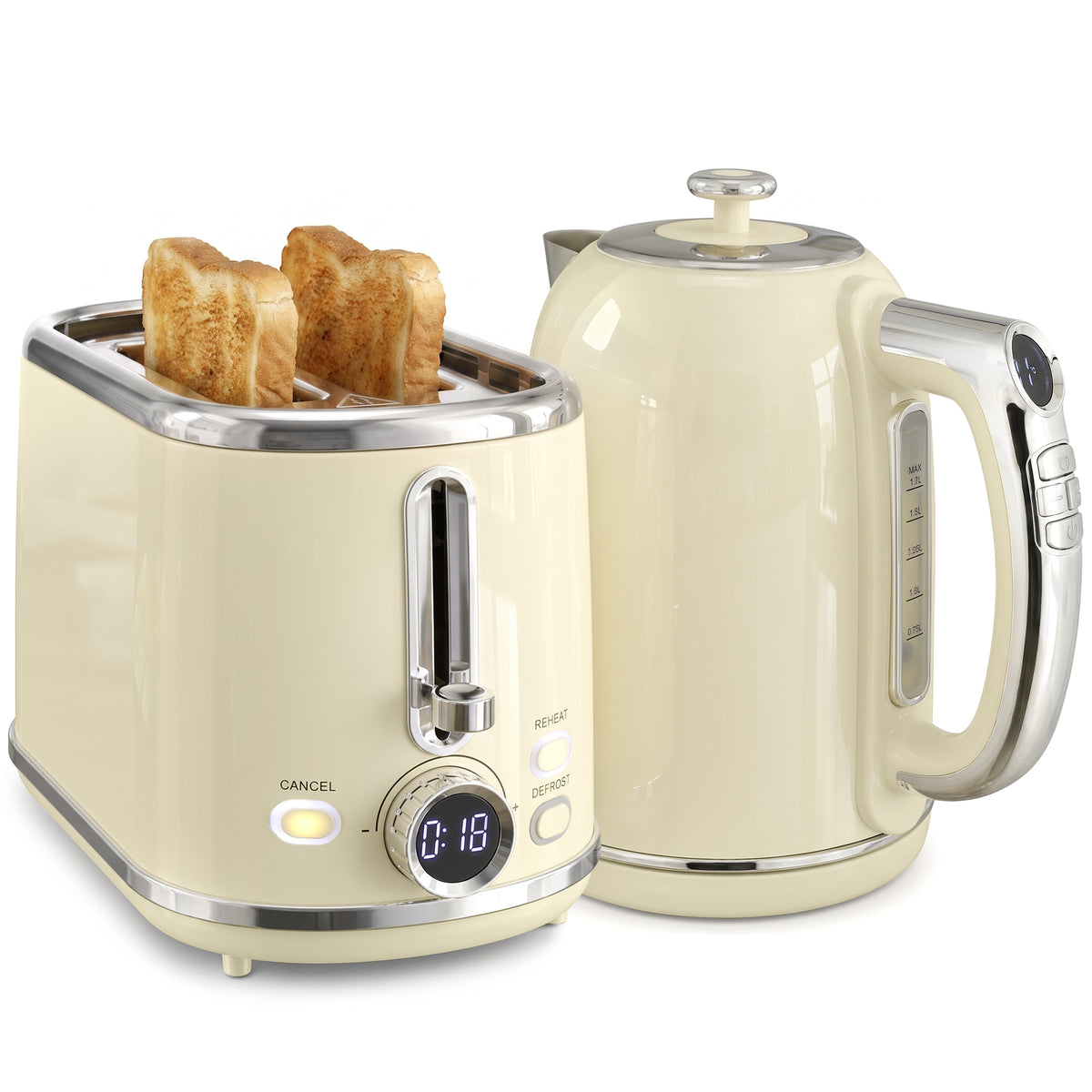 Wasserkocher- und Toaster-Set mit LED-Display, 1,7-L-Wasserkocher mit 3 Std. Warmhaltefunktion, Creme