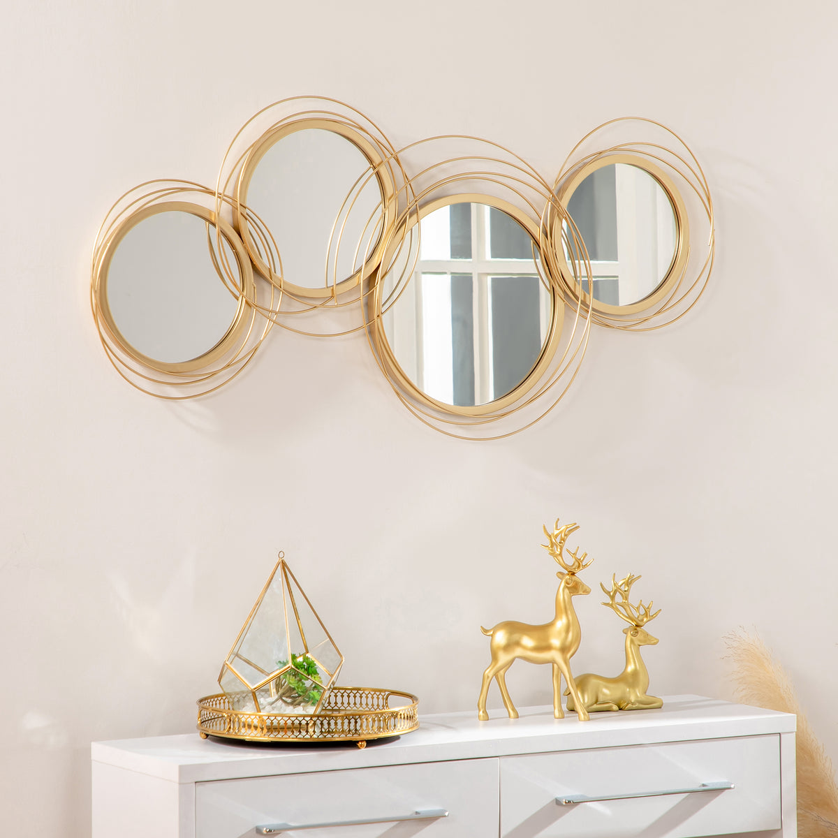 Metal Wall Art 56cm Modern Decorative Mirror Decor for Living Room Bedroom Dining Room, Gold