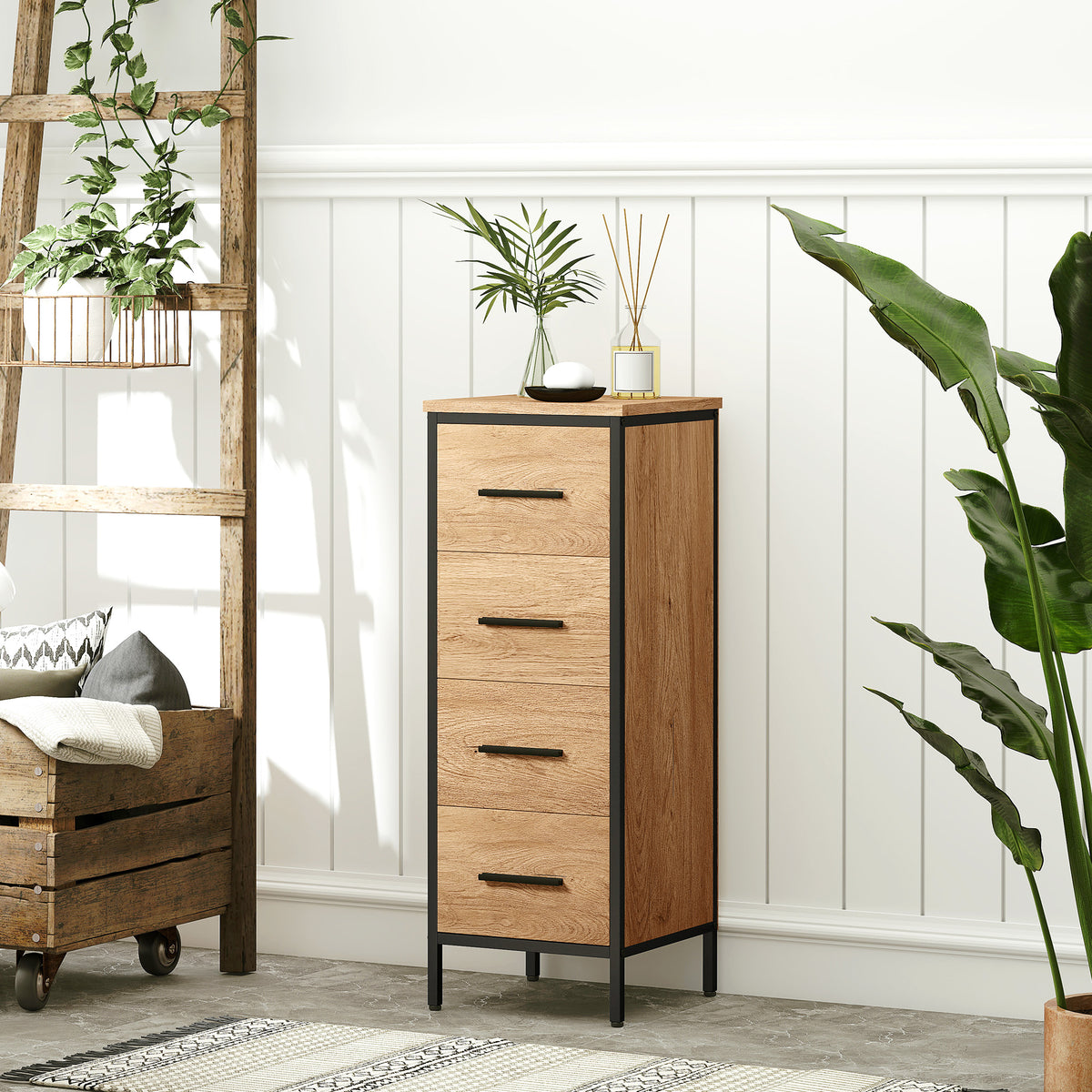 Badezimmerschrank, 4 Schubladen, kompakt, Industrie-Stil, Spanplatten, Metall