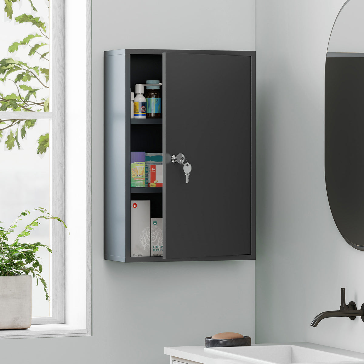 Wand-Medizinschrank, Badezimmerschrank mit 3 Regalböden, 2 Schlüsseln, 40 x 18 x 60 cm, Grau
