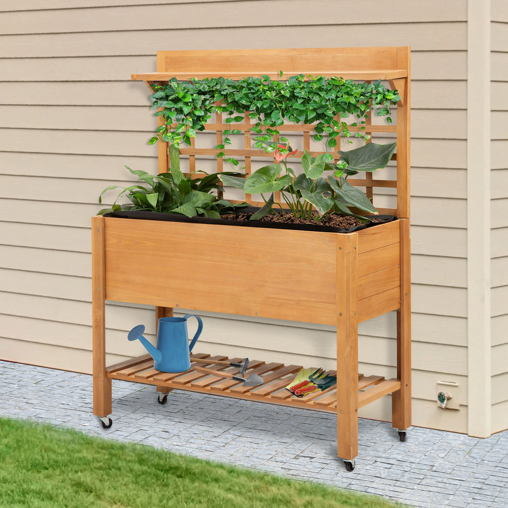 Hochbeet Pflanztisch Blumentisch Arbeitstisch G?rtnertisch Gew?chshaus Holzpflanztisch f¨¹r Garten Balkon, 105 x 40 x 135 cm, Tanne, nicht gewebter Stoff, Braun