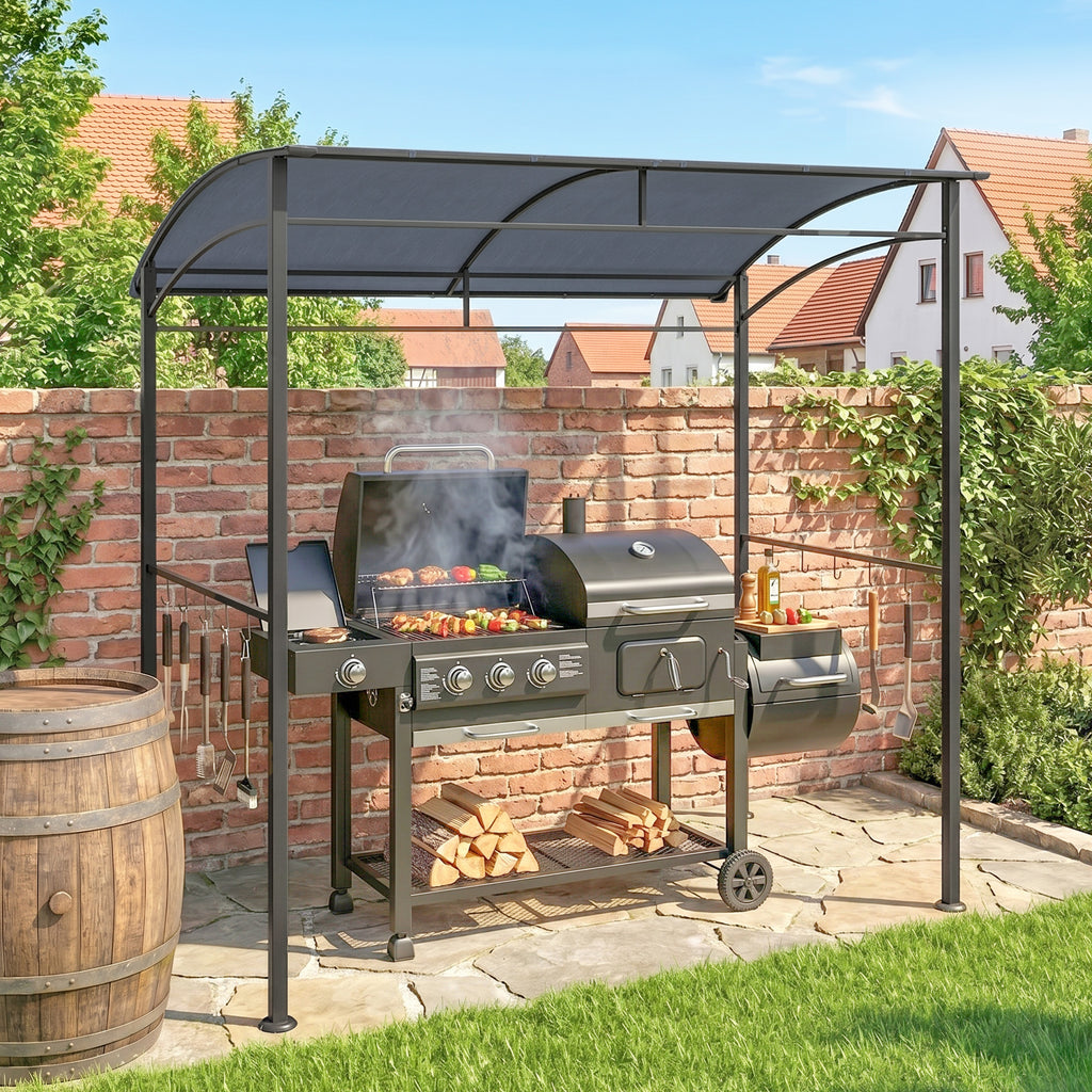2.2 x 1.5 m BBQ Grill Gazebo Tent, Garden Grill with Metal Frame, Curved Canopy and 10 Hooks, Outdoor Sun Shade, Grey