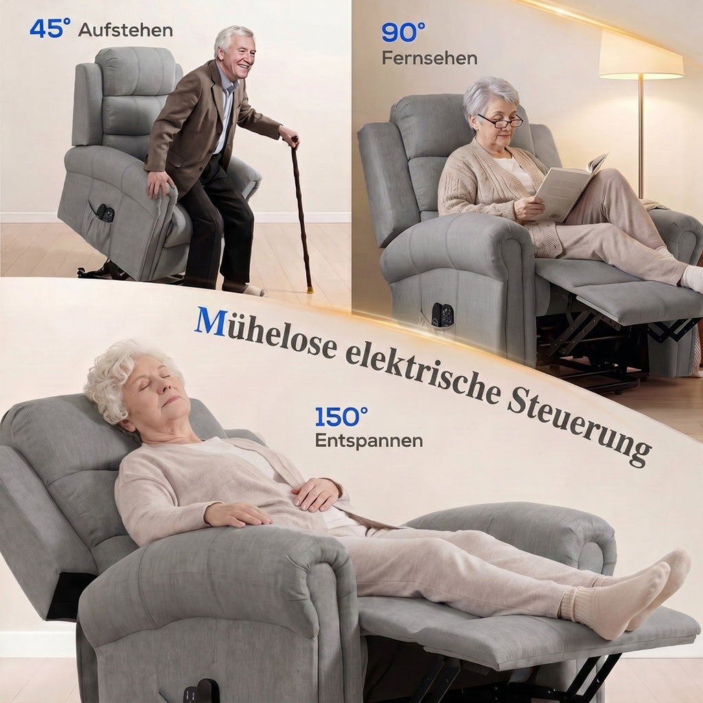 Fernsehsessel Elektrisch mit Aufstehhilfe Massage & Heizung Hellgrau