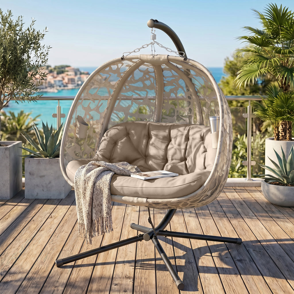 Hängesessel, für 2 Personen, klappbarer Sitzkorb, großes Sitzkissen, Sand, 130 x 103 x 172 cm