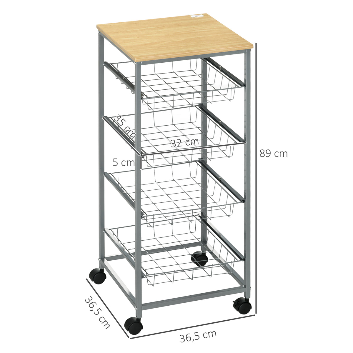 5 Tier Rolling Kitchen Trolley Storage Cart with 4 Wire Baskets Lockable Wheels 36.5L x 36.5W x 89H cm