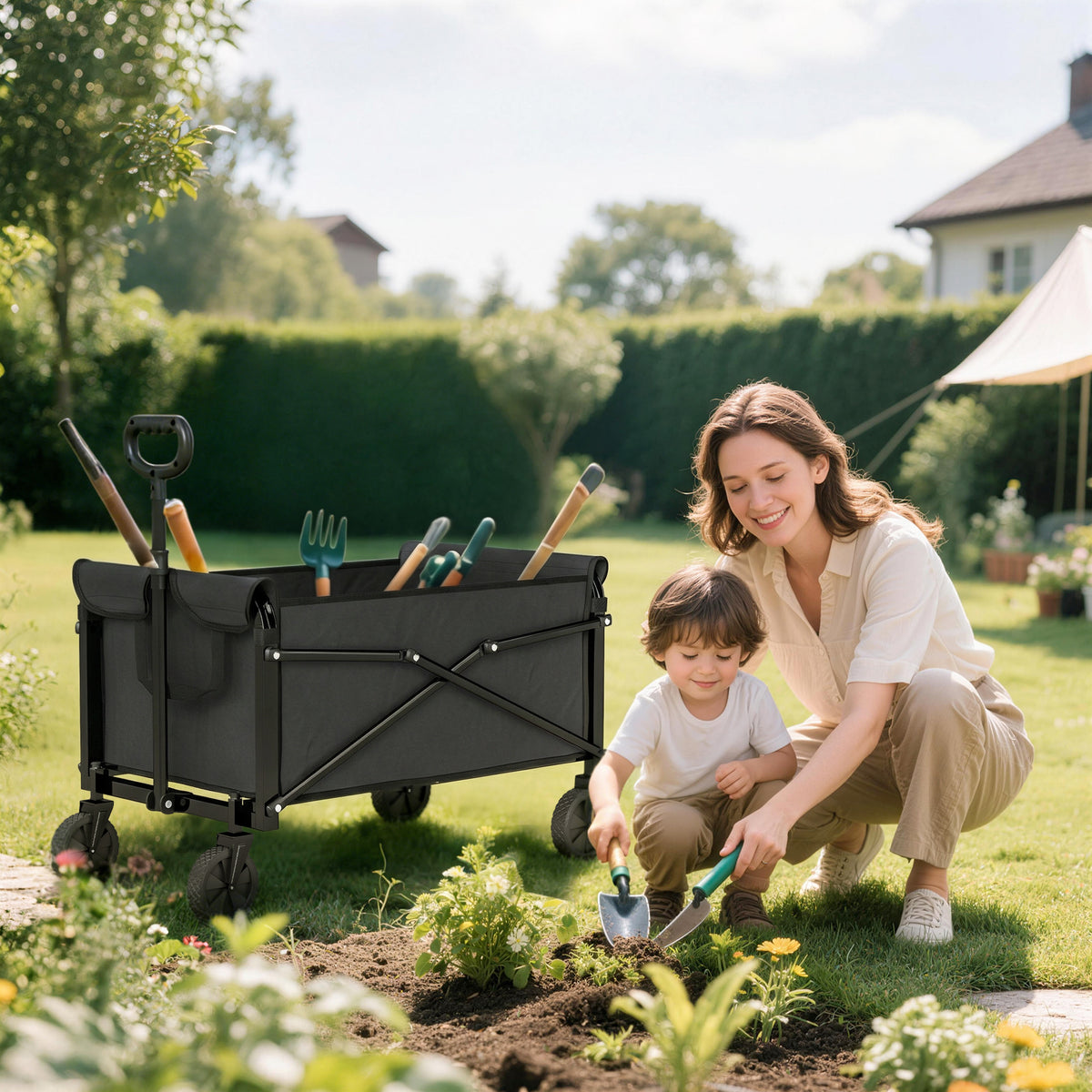 81L Festival Trolley on Wheels, Compact Garden Folding Trolley Cart with Adjustable Handle 80L Black