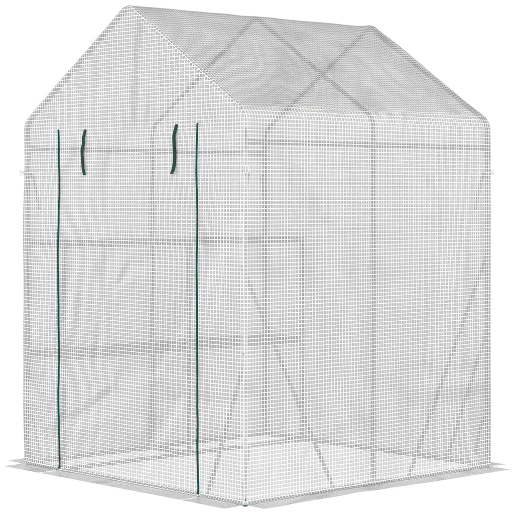  Walk In Greenhouse with 2 Tier Shelf, Portable Gardening Plant Grow House Tomato Greenhouse with Roll up Zip Panel Door, Reinforced PE Cover, 143 x 143 x 195cm, Green
