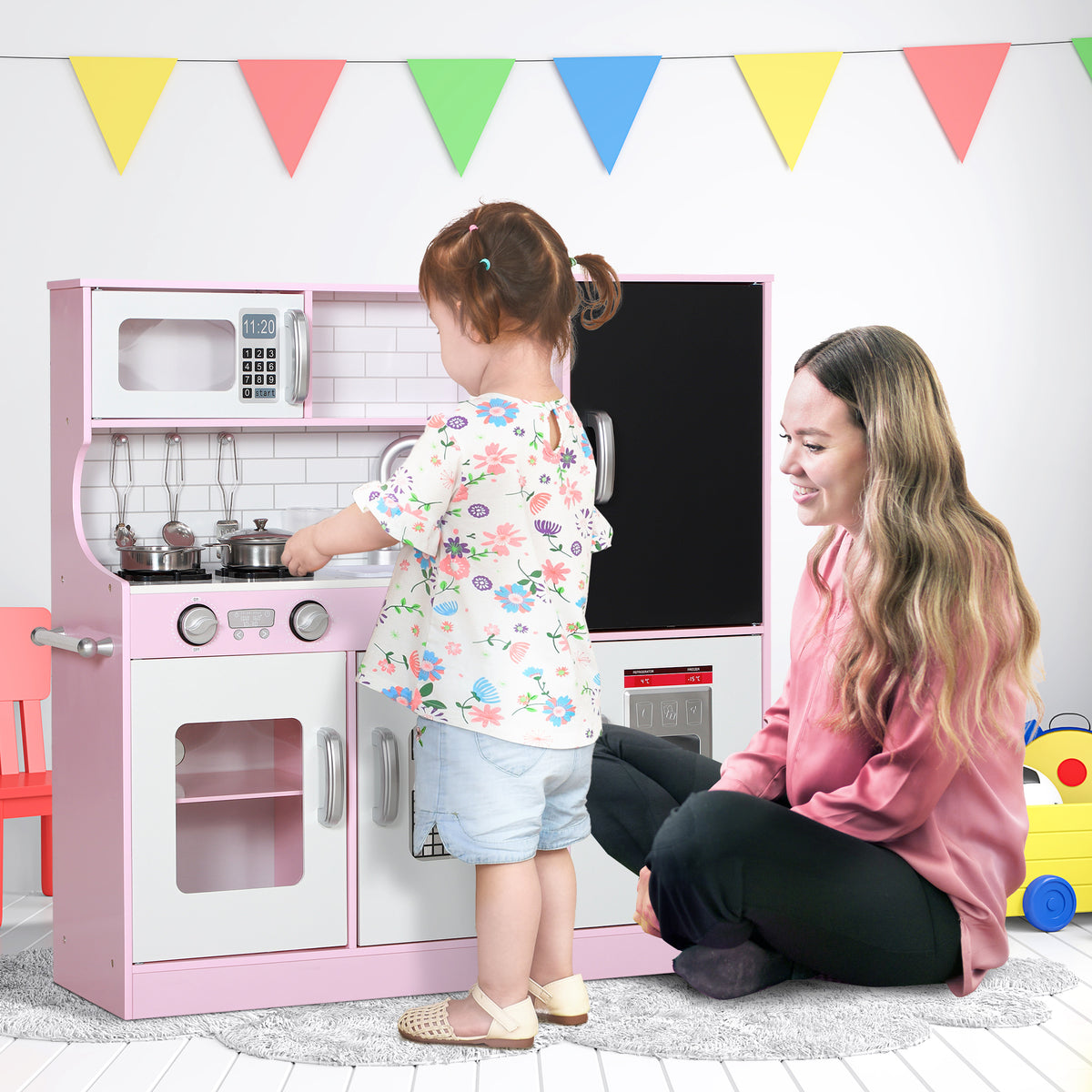 Pretend Play Kitchen, Kids Kitchen Playset, with Toy Phone, Chalkboard, Microwave, Cooking Stove, Sink, Pink