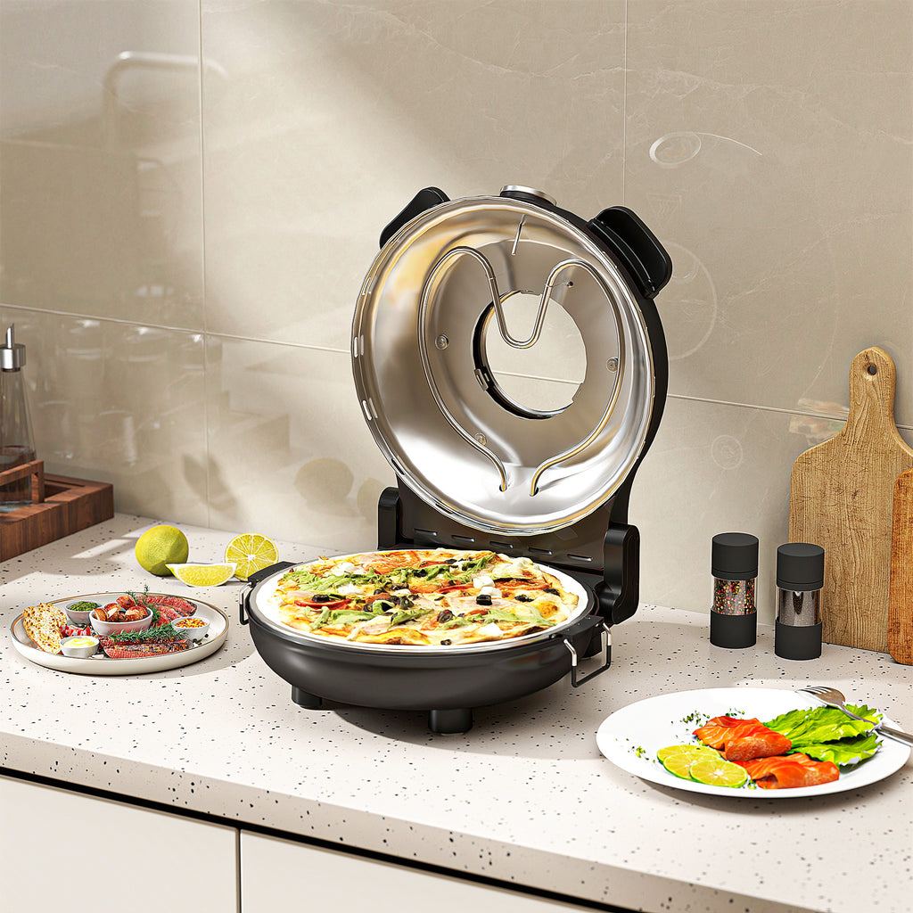 Pizzaofen elektrisch 430 ¡æ, 1200 Watt Pizzab?cker mit 30cm Steinplatte Timer Sichtfenster Edelstahl Schwarz