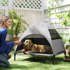 Hundeliege Outdoor mit Dach, Erh?htes Hundebett f¨¹r Gro?e Hunde, 91 x 76 x 90 cm, Hellgrau