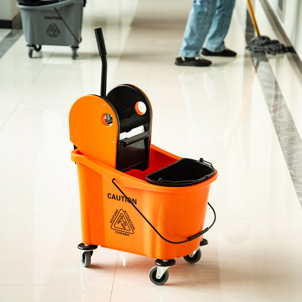  36L Mop Bucket Wringer Cart w/ Down Press Wringer, Wheels, Mop-Handle Holder, Orange