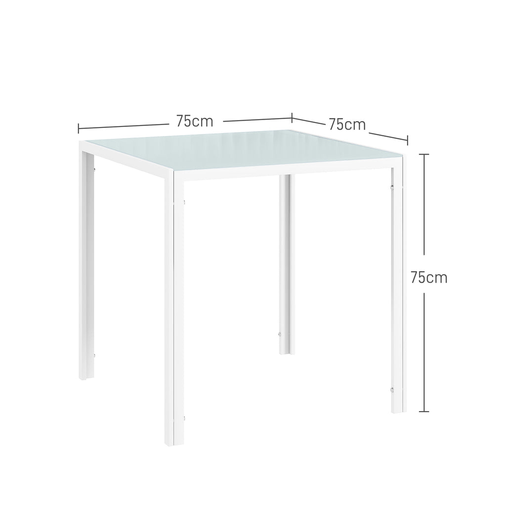 Quadratischer Esstisch für 4 Personen, Tischplatte aus Hartglas, für Küche und Esszimmer, 75 x 75 x 75 cm, Weiß