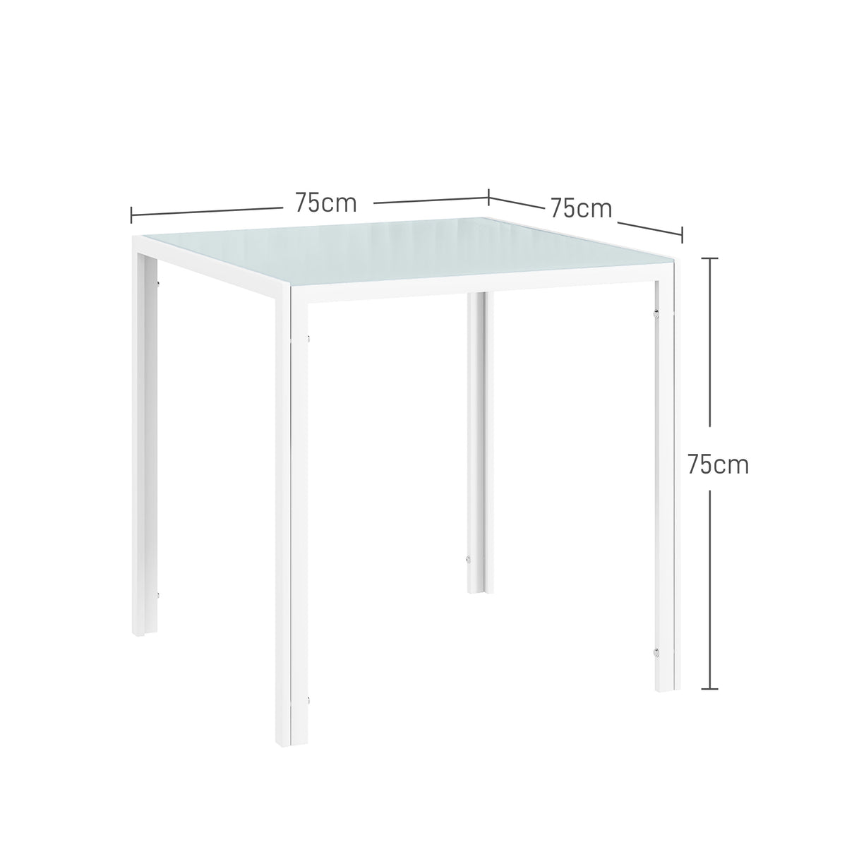 Quadratischer Esstisch für 4 Personen, Tischplatte aus Hartglas, für Küche und Esszimmer, 75 x 75 x 75 cm, Weiß