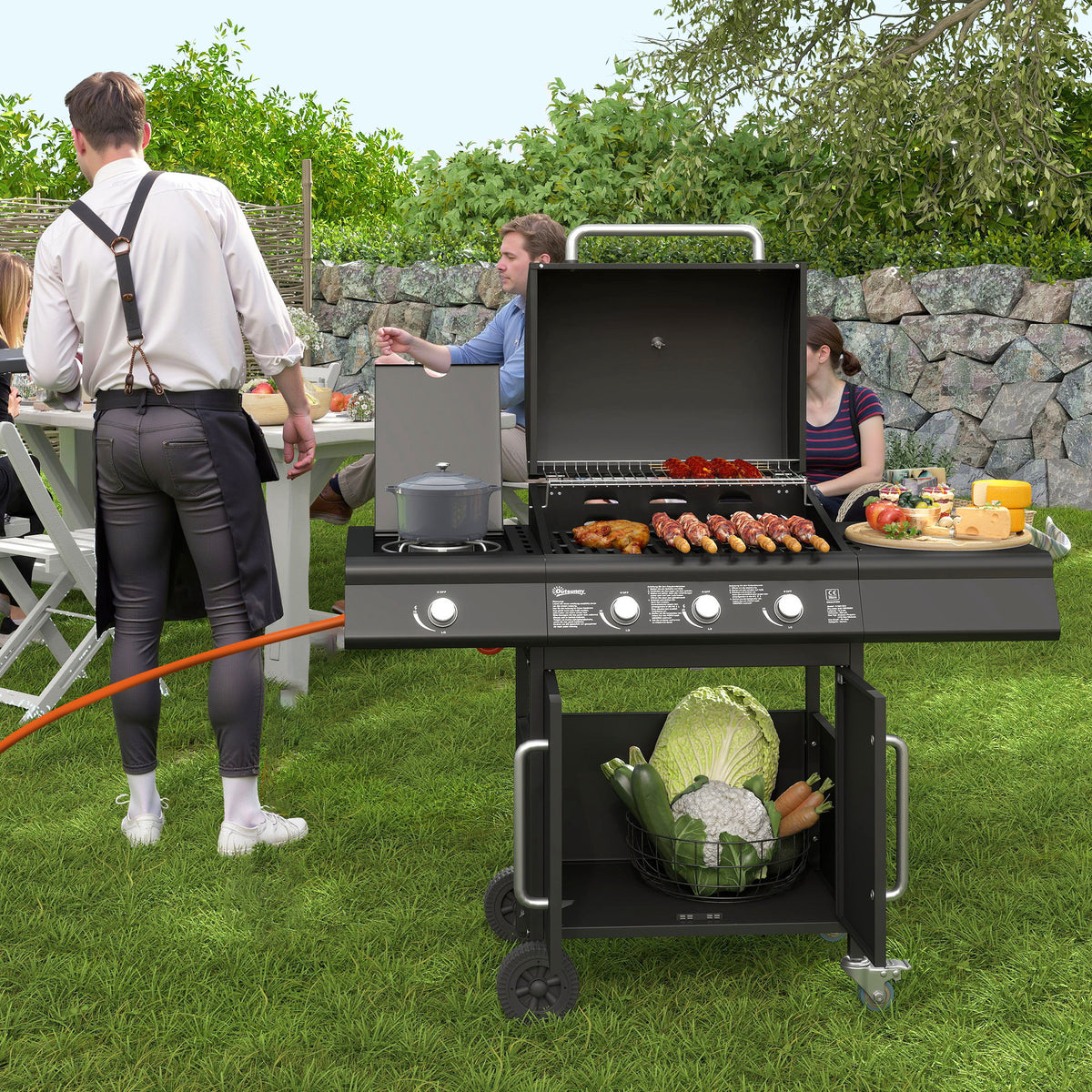 Fahrbarer Gasgrill mit Stauraum, Seitentisch, Seitenbrenner, Warmhalterost, Thermometer, Edelstahl, Schwarz