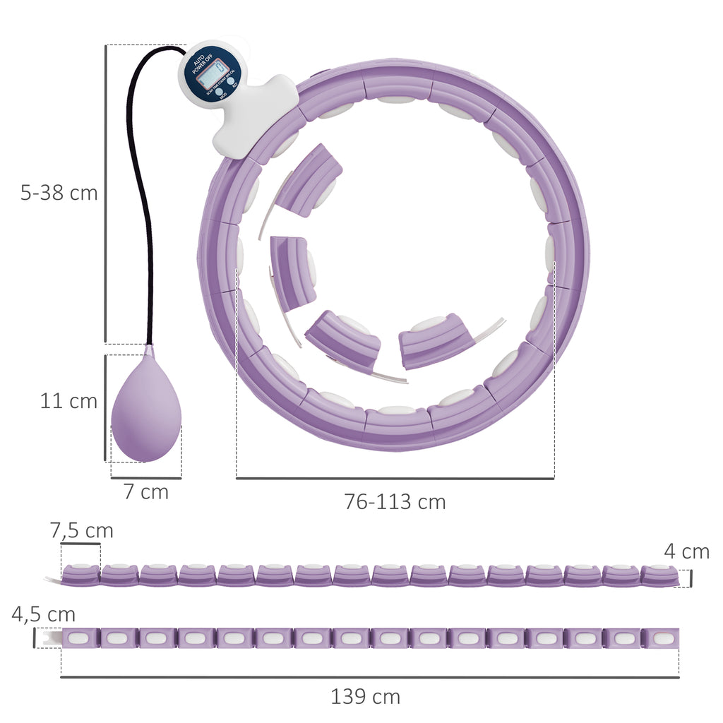 Smart Weighted Hula Hoop, Massage Hula Ring w/ 16 Detachable Knots, 360¡ã Auto-Rotating Ball, Digital Counter, Purple