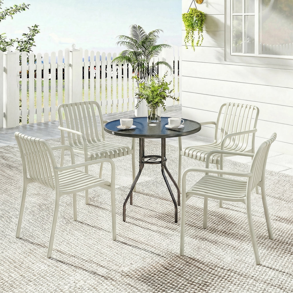 Gartenstühle 4er Set Stapelbare Terrassenstühle mit Lamelldesign Armlehnen, Ergonomisch Cremeweiß
