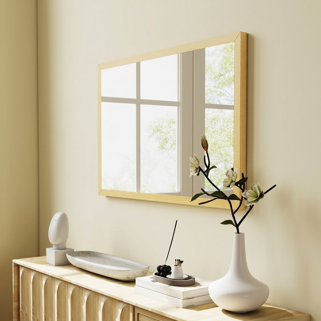 Wall Bathroom Mirror, 60 x 40 cm Wall-Mounted Mirror for Living Room, Bedroom, Hallway, Natural Wood Finish
