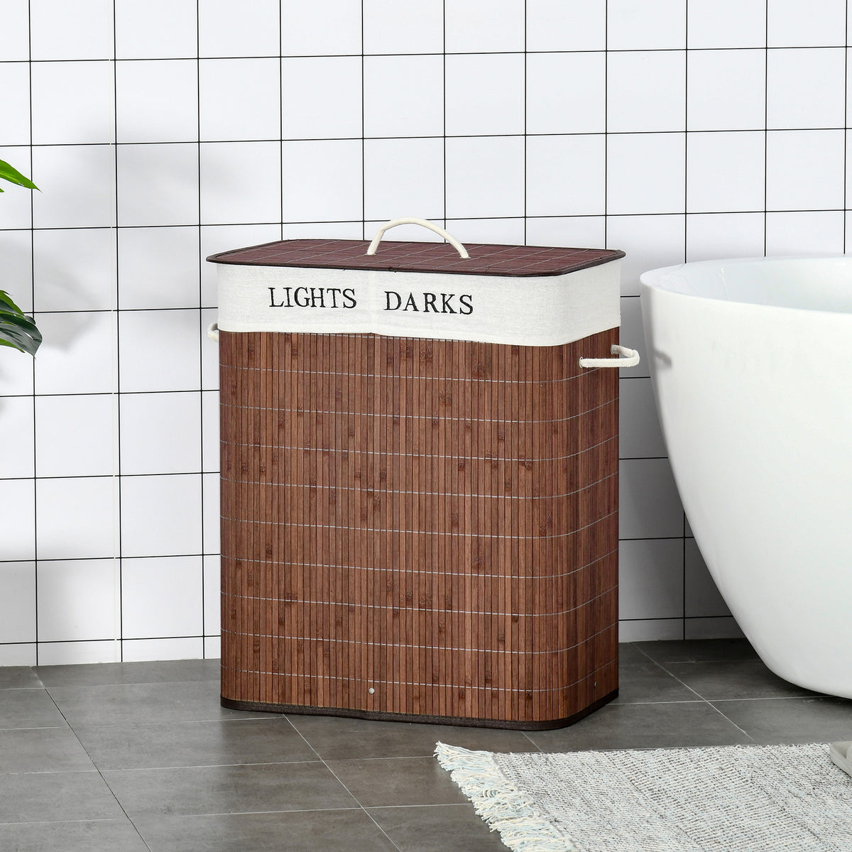 Bambus Wäschekorb schmal mit Deckel 100L Wäschesammler mit Griffen, 2 herausnehmbarer Wäschesack, Laundry Baskets Wäschebox für Waschküche, Schlafzimmer, Badezimmer Braun