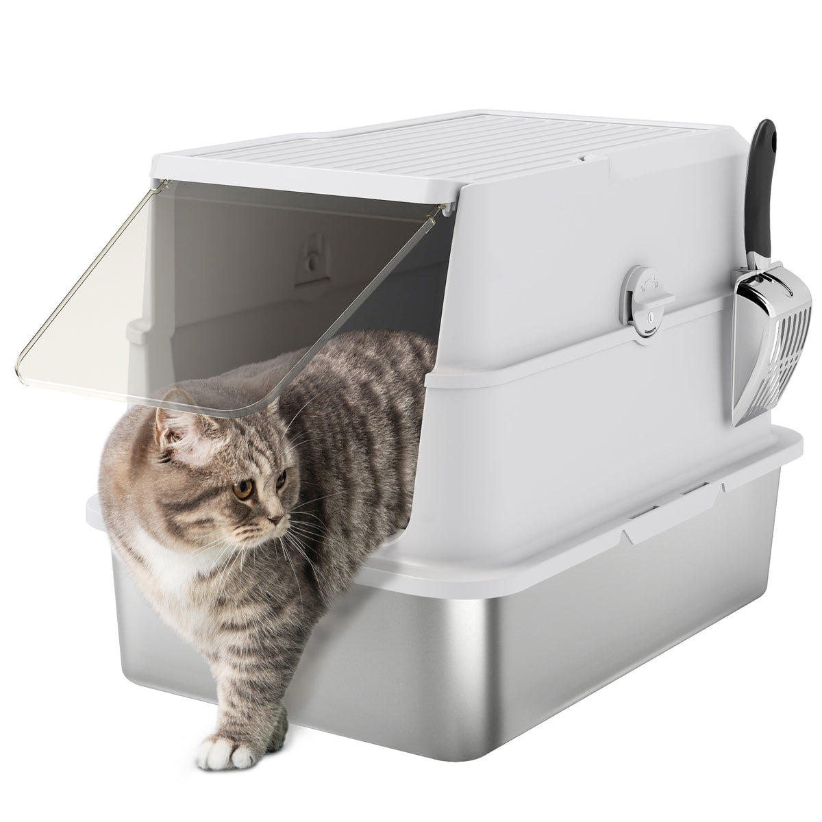 Katzentoilette, Edelstahl, XL-Innenraum, mit Schaufel, Hellgrau