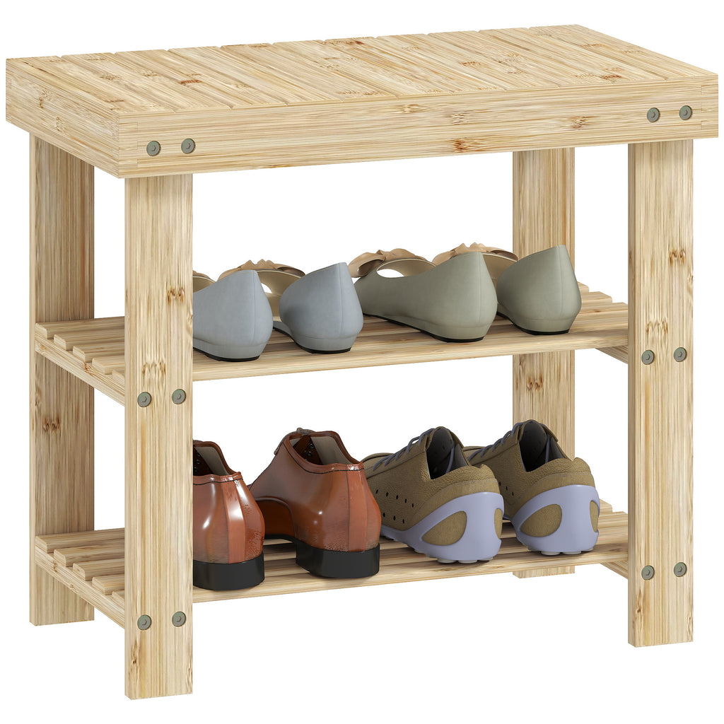Two Shelf Bamboo Shoe Storage Bench - Natural Finish