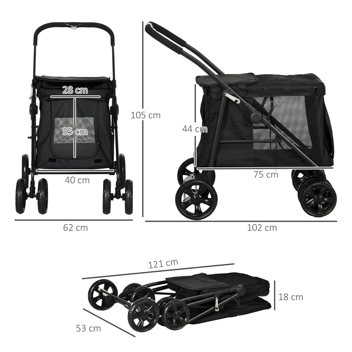 Hundetrolley inkl. Kissen, 3 Seitentaschen, klappbar, Hundewagen, 102 cm x 62 cm x 105 cm, Schwarz