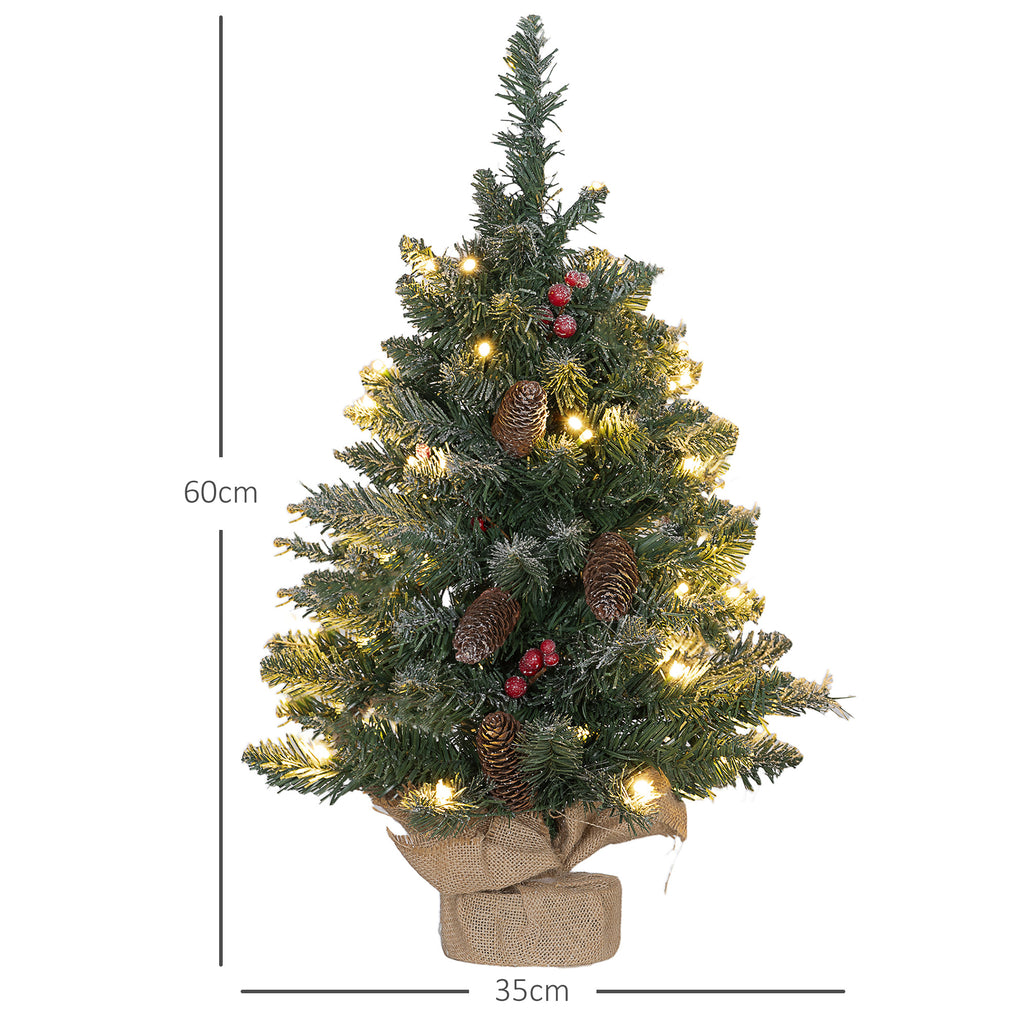Weihnachtsbaum mit LED-Beleuchtung, 60 cm, Tannenzapfen und rote Beeren, inkl. Ständer, Grün/Weiß