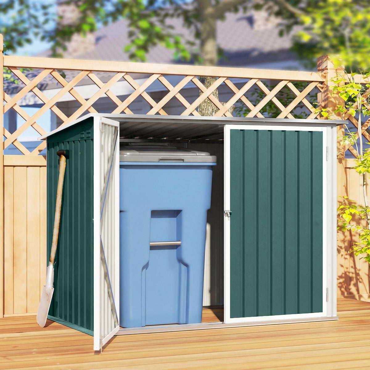 Mülltonnenbox Müllbox abschließbar Gerätebox mit Doppeltür Deckel für 2 Mülltonnen Stahl 179,5 x 108 x 129,5/113 cm Grün