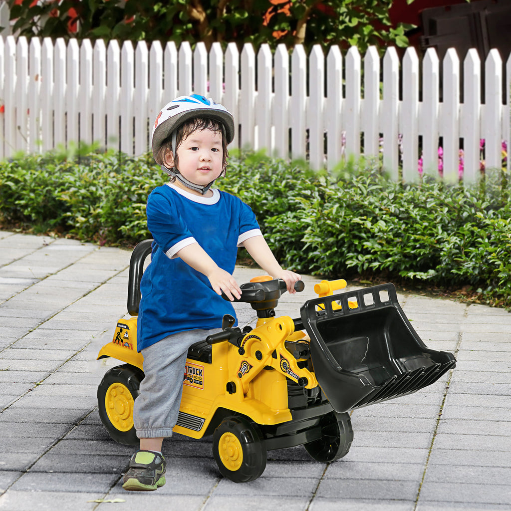 Sitzbagger Aufsitzbagger mit Schaufel Kinderbagger mit Stauraum unter Sitz Rutschauto Spielzeugbagger zum Sitzen bis 30kg, Draufsitzen für Kinder 1,5-4 Jahre Gelb+Schwarz