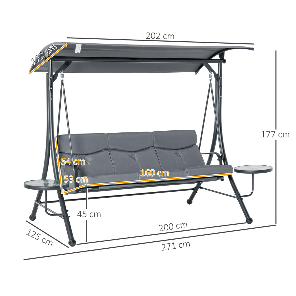 3 Seater Garden Swing Chair with Adjustable Canopy, Cushion and Coffee Tables for Outdoor Patio Garden Grey